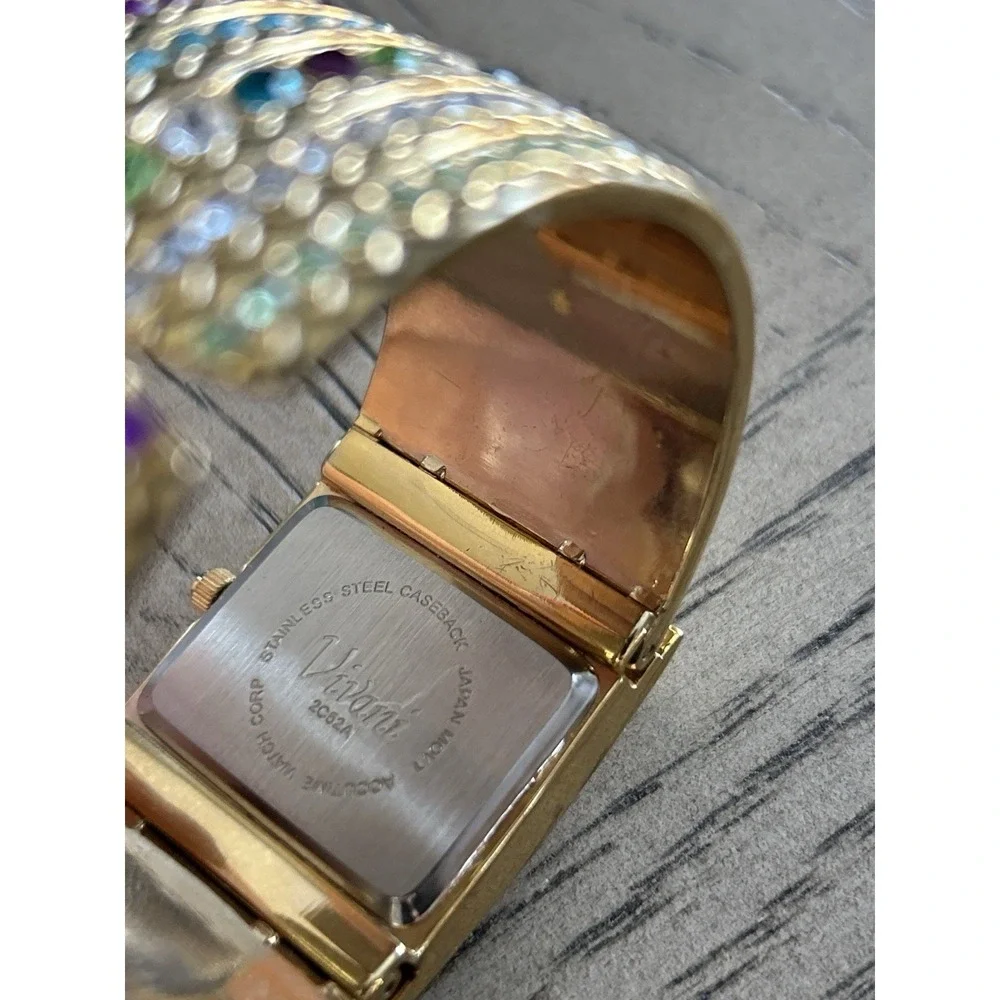 Vivani Gold Tone Multicolor Crystal Cuff Watch Quartz Japan Movt + Pouch‎ Y2K